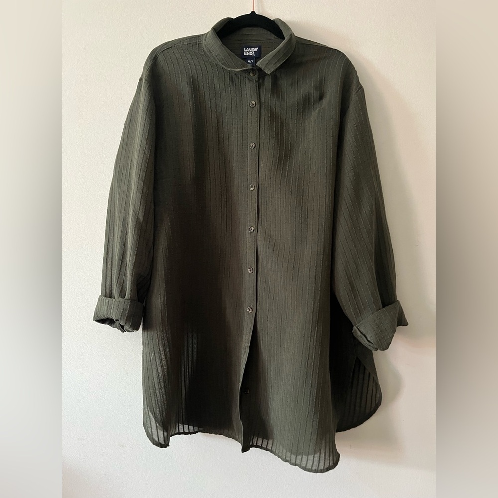 Sheer embroidered stripe olive shirt/dress